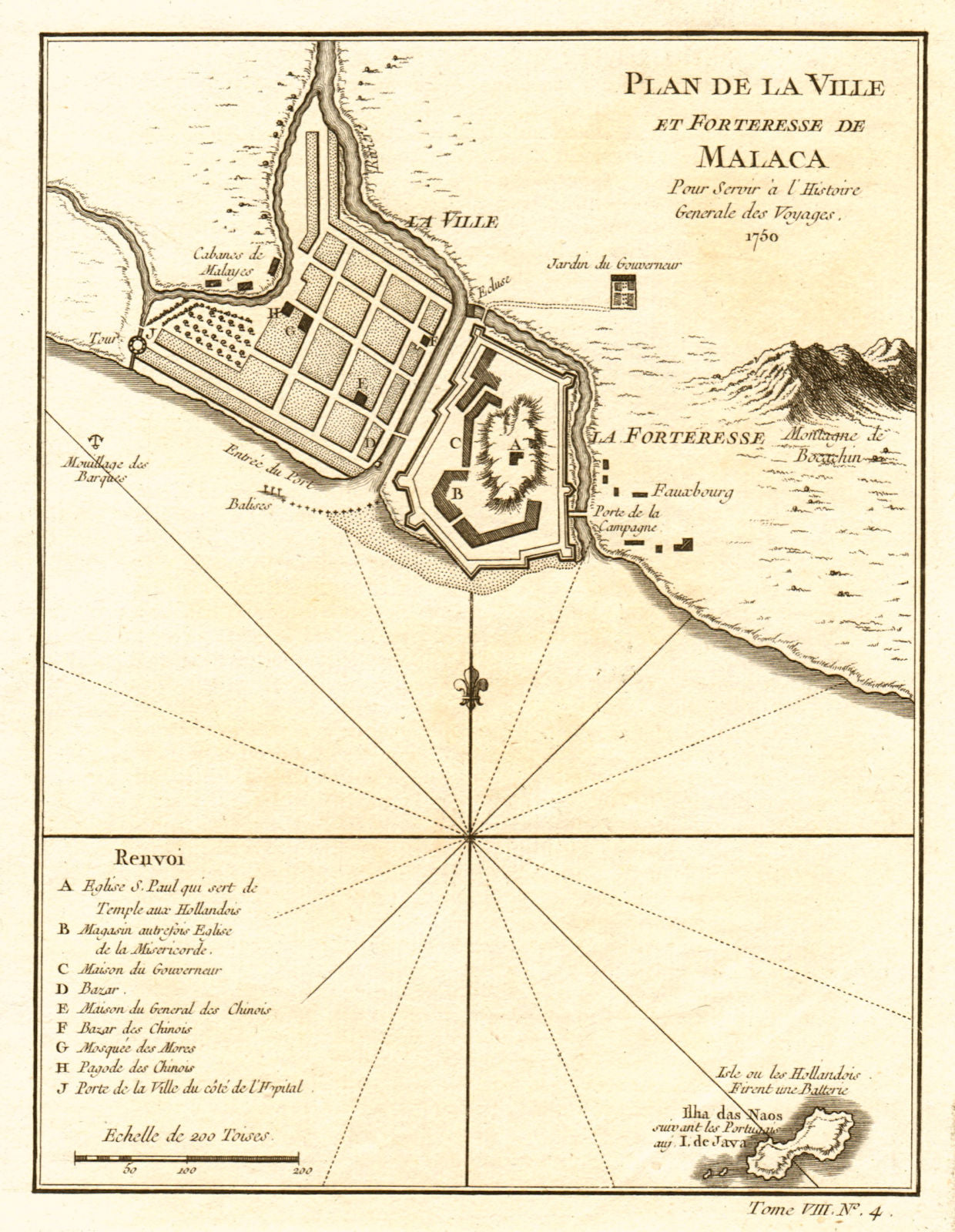 'Plan de la Ville et Forteresse de Malaca'. Malacca, Malaysia. BELLIN 1750 map